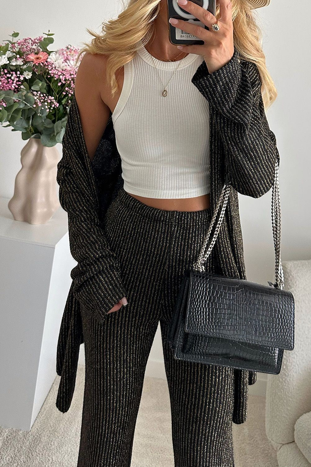 Black Metallic Ribbed Cardigan And Flare Pants Outfit