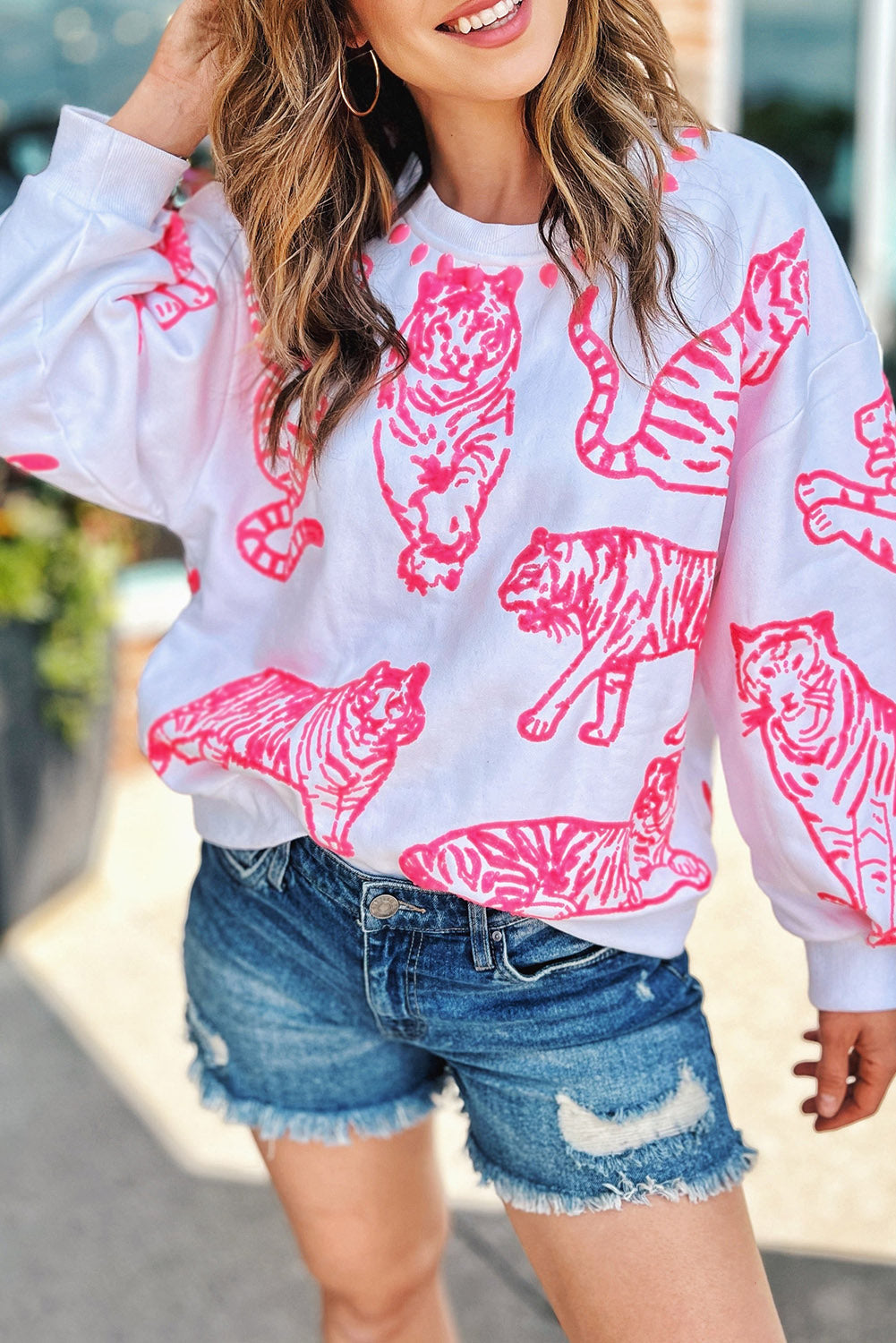 White Round Neck Pink Tigers Pullover Sweatshirt