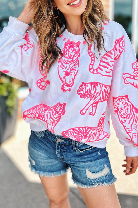 White Round Neck Pink Tigers Pullover Sweatshirt