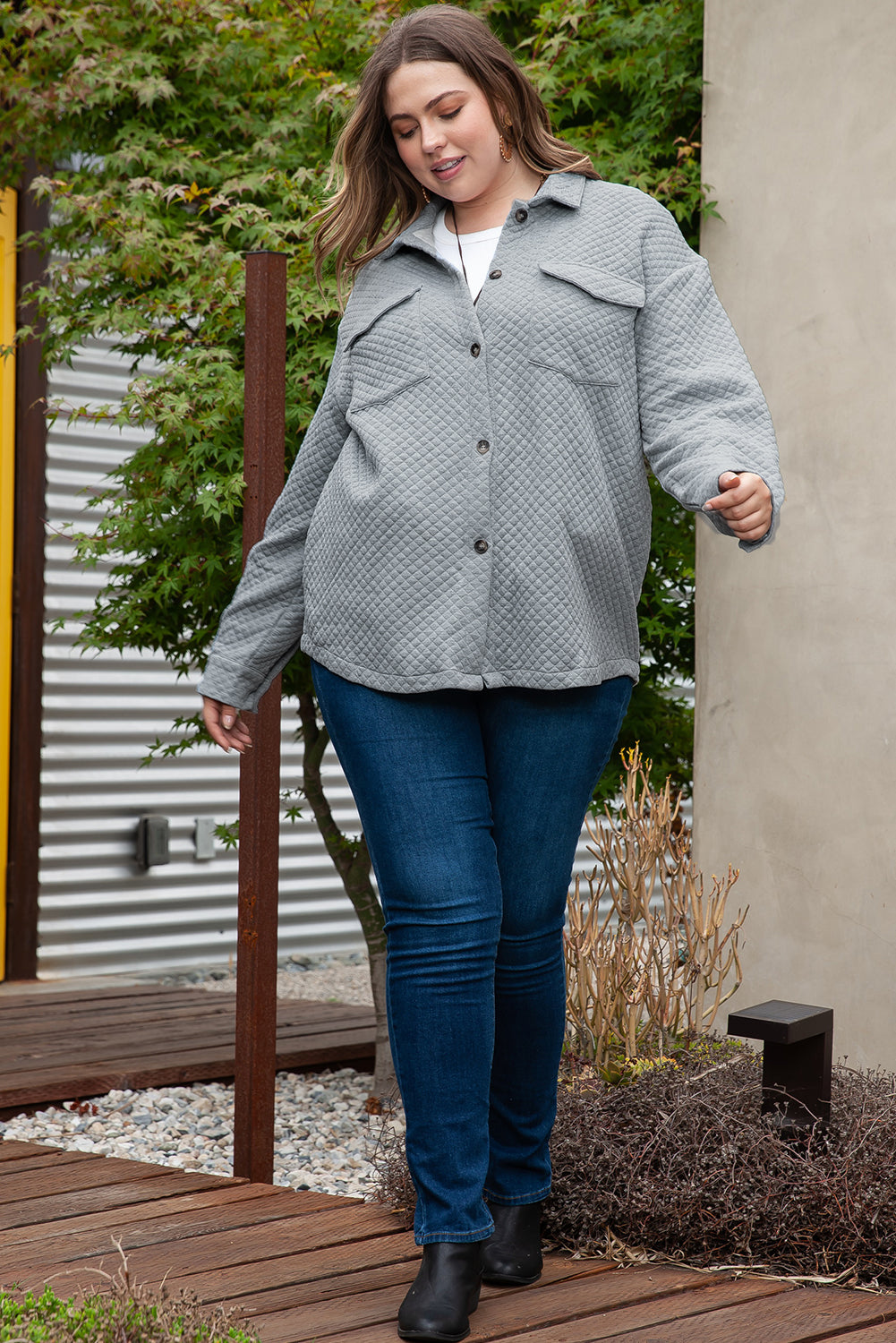 Gray Plus Size Pocketed Quilted Shacket