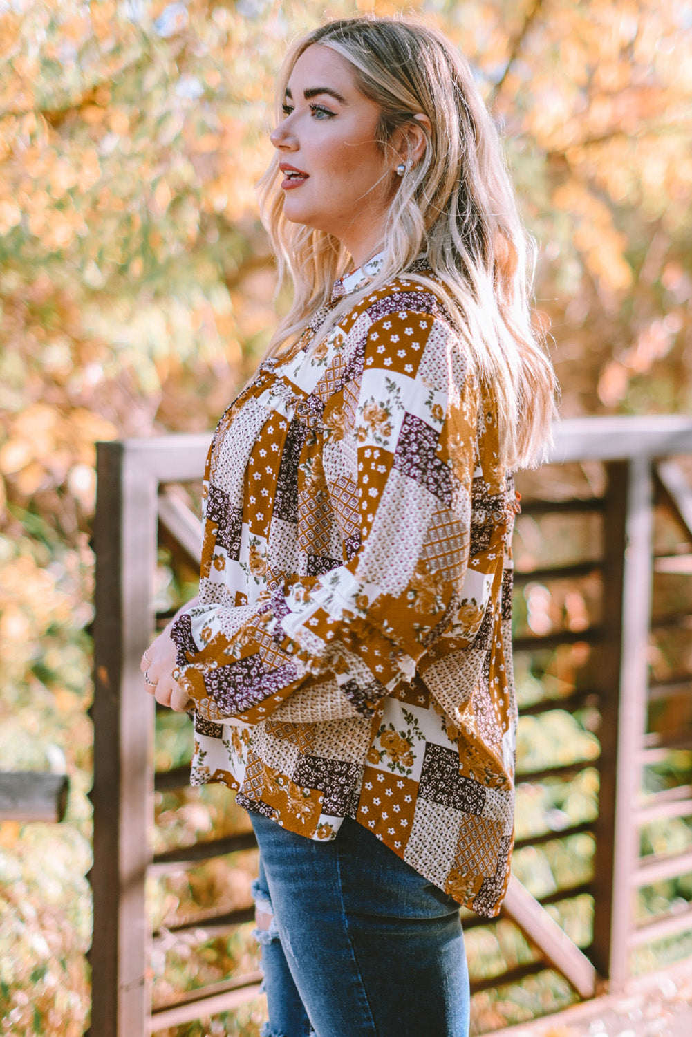 Apricot Mixed Print Turn-down Neck Plus Size Shirt