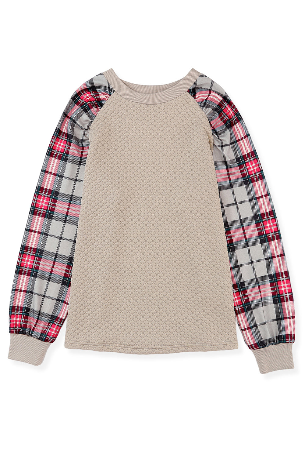 Brown Plaid Print Waffle Quilted Raglan Sleeve Sweatshirt