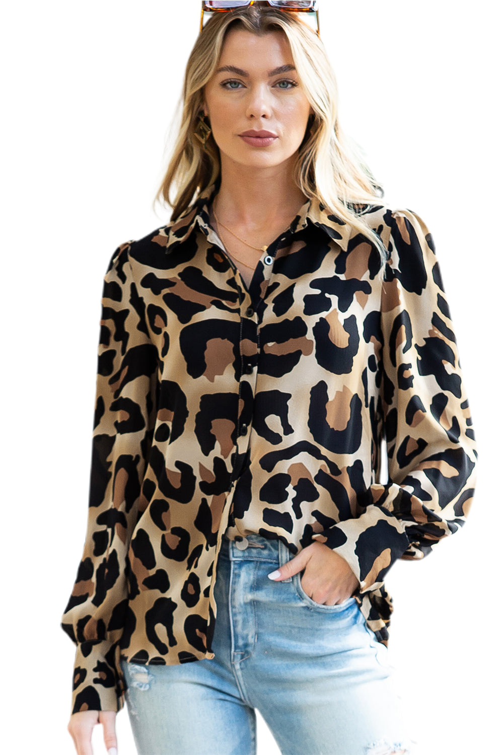 Leopard Bishop Sleeve Button Up Turn Down Collar Shirt