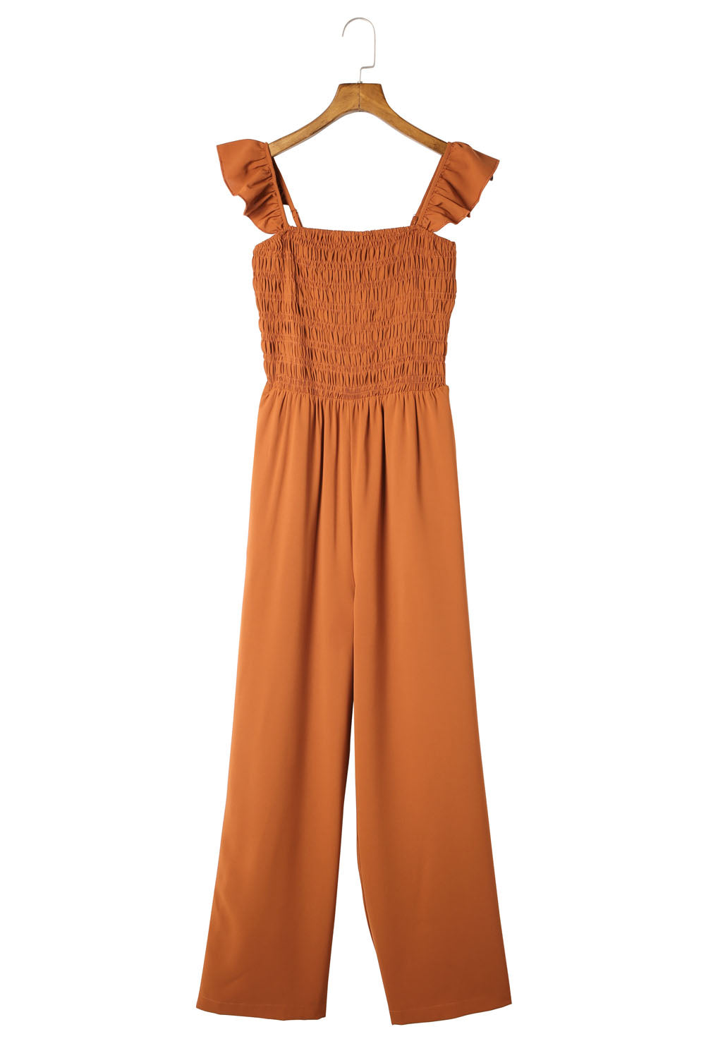 Apricot Smocked Ruffle Strap Pocket Wide Leg Jumpsuit