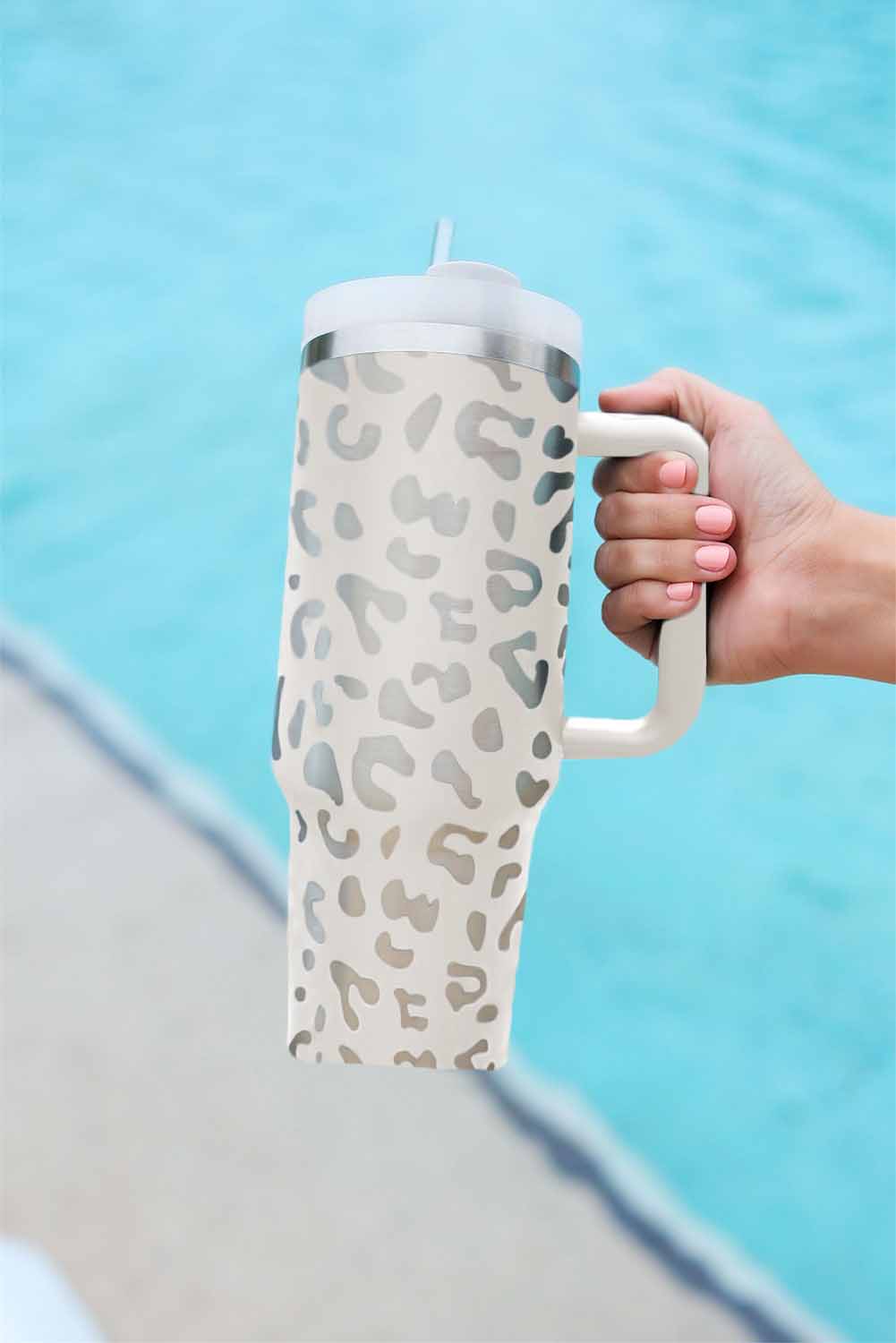 Black 40oz Stainless Steel Portable Leopard Tumbler Mug With Handle