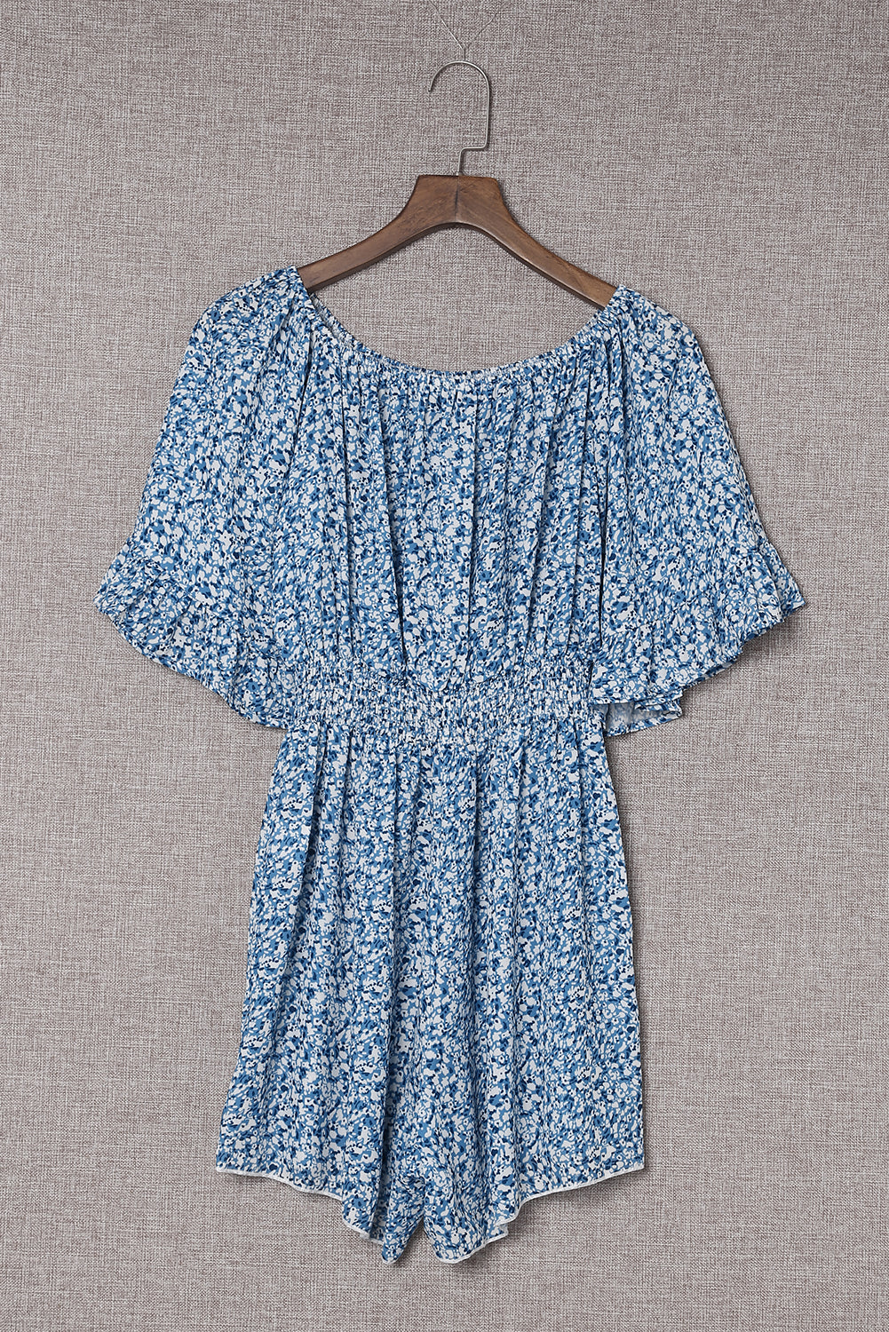 Dark Blue Shirred Ditsy Floral Bell Off Shoulder Romper