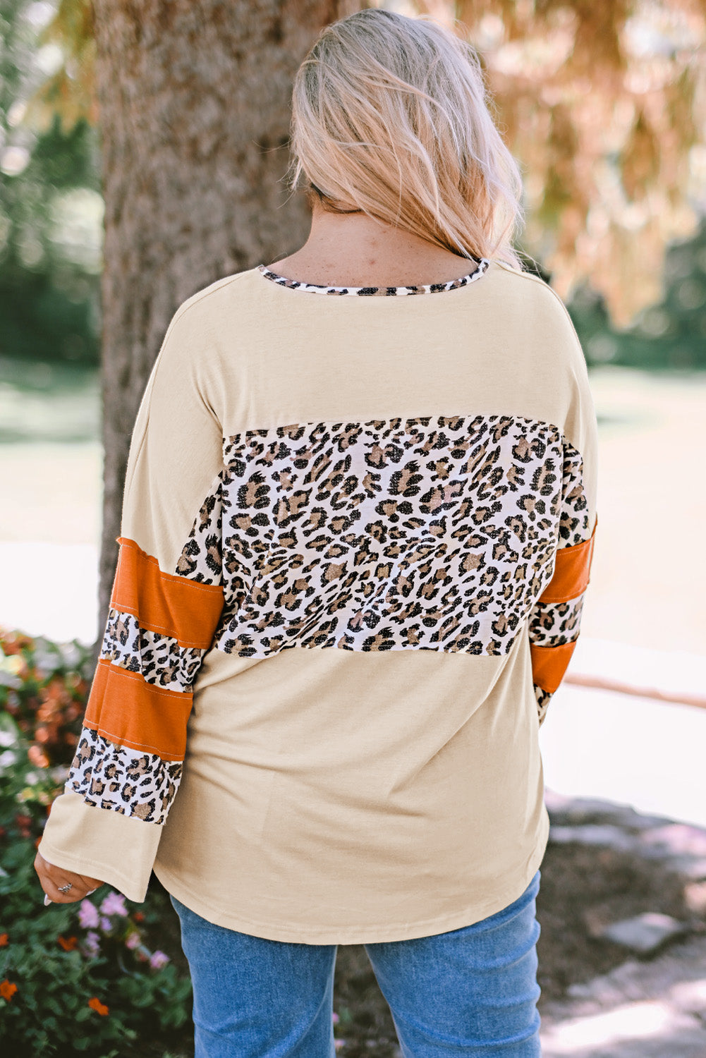 Apricot Leopard Print Color Block Patchwork Plus Size Top