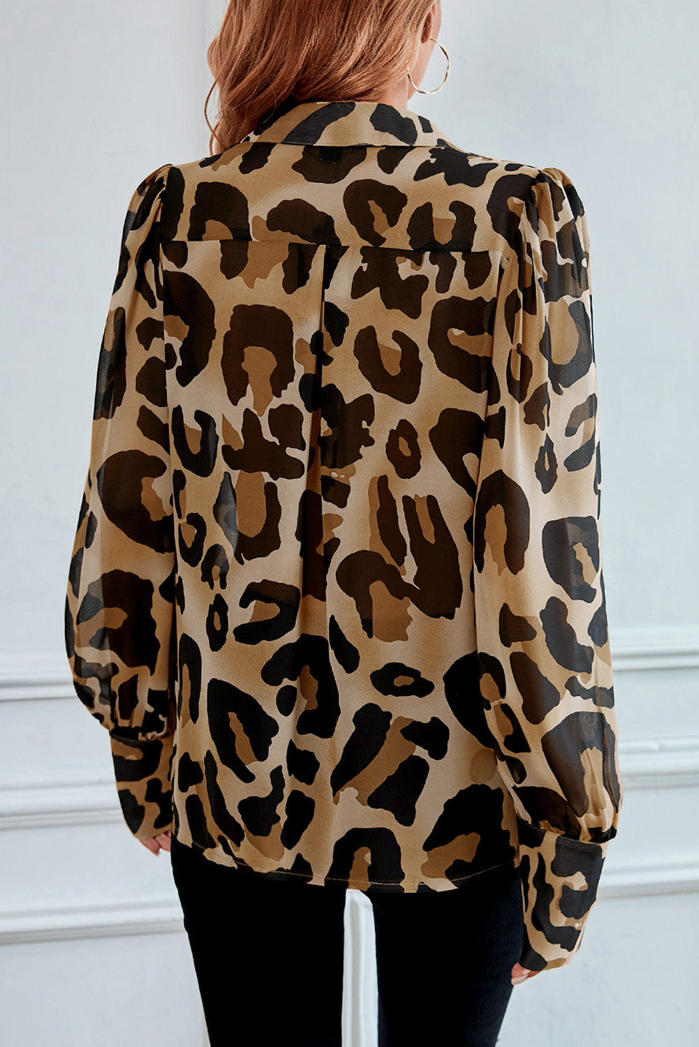 Leopard Bishop Sleeve Button Up Turn Down Collar Shirt