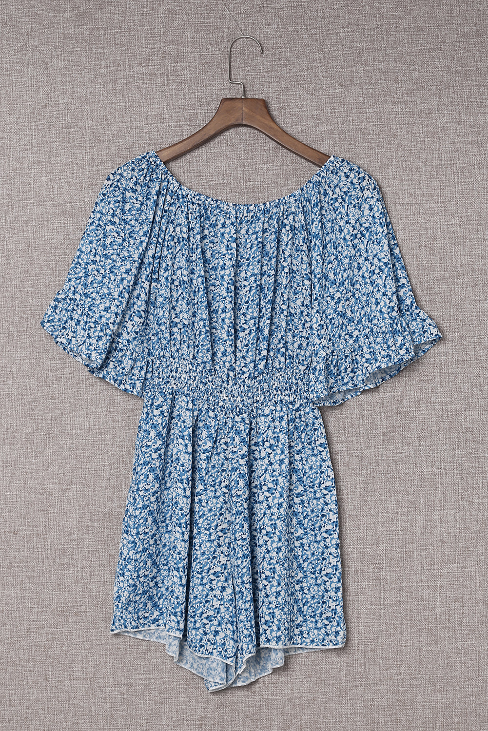 Dark Blue Shirred Ditsy Floral Bell Off Shoulder Romper