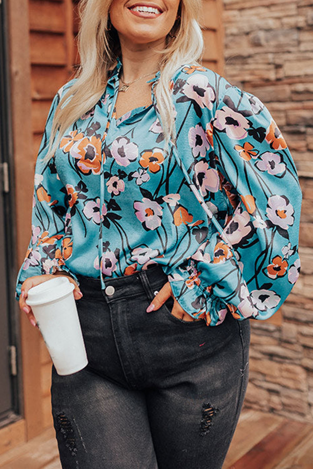 Sky Blue Floral Print V Neck Plus Size Blouse