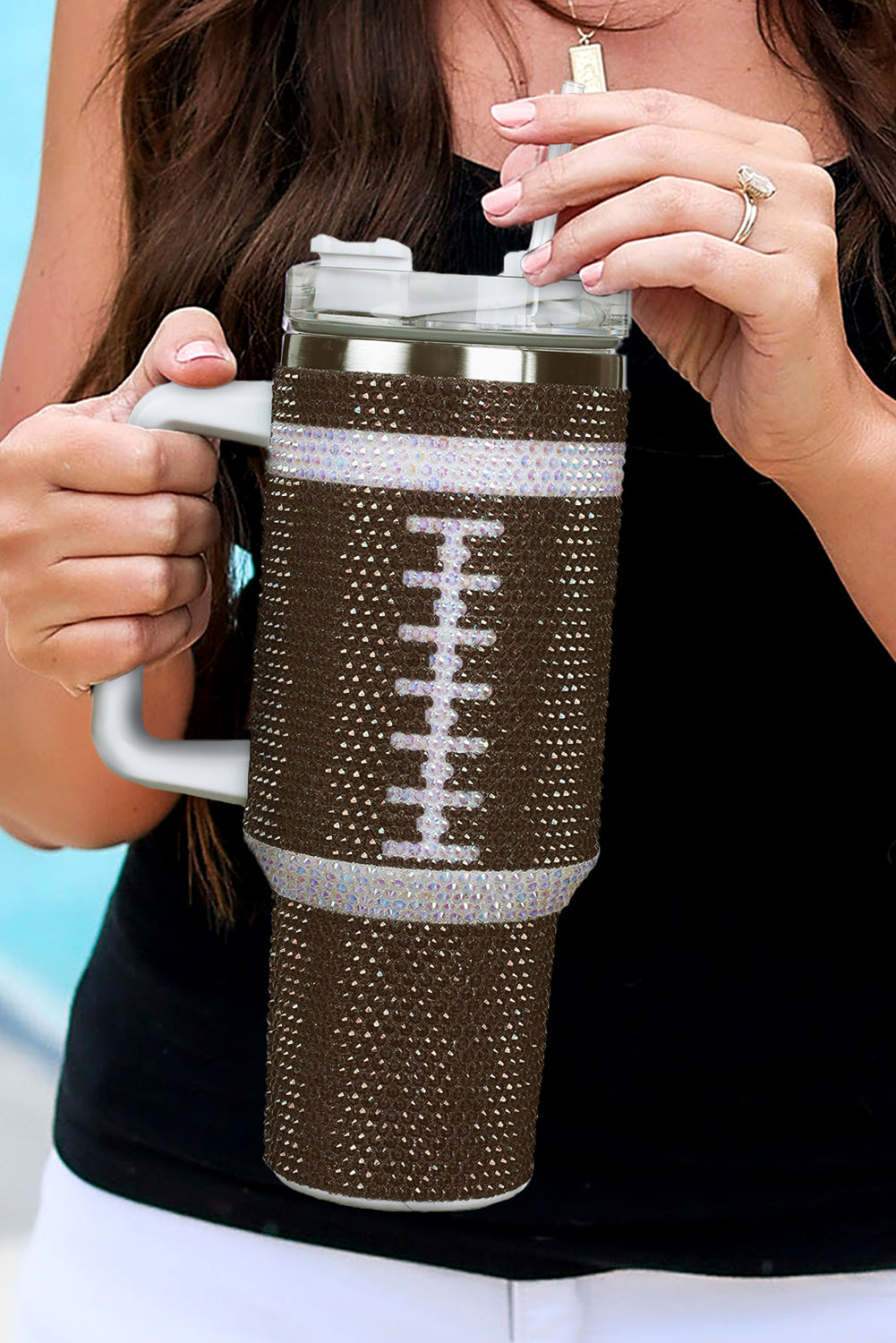 Chestnut 304 Rhinestone Rugby Stainless Steel Tumbler