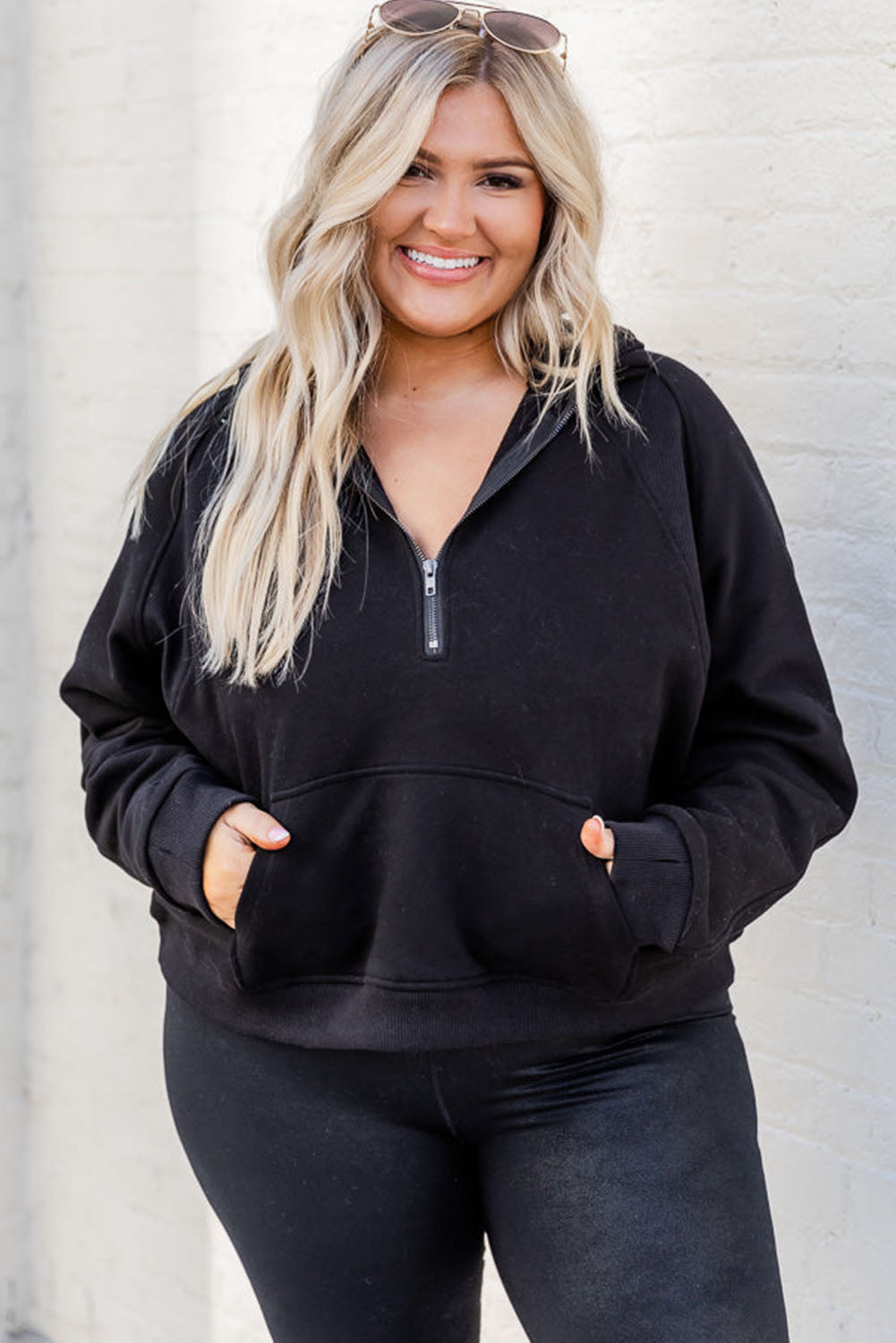 Black Half Zipper Kangaroo Pocket Plus Size Hoodie