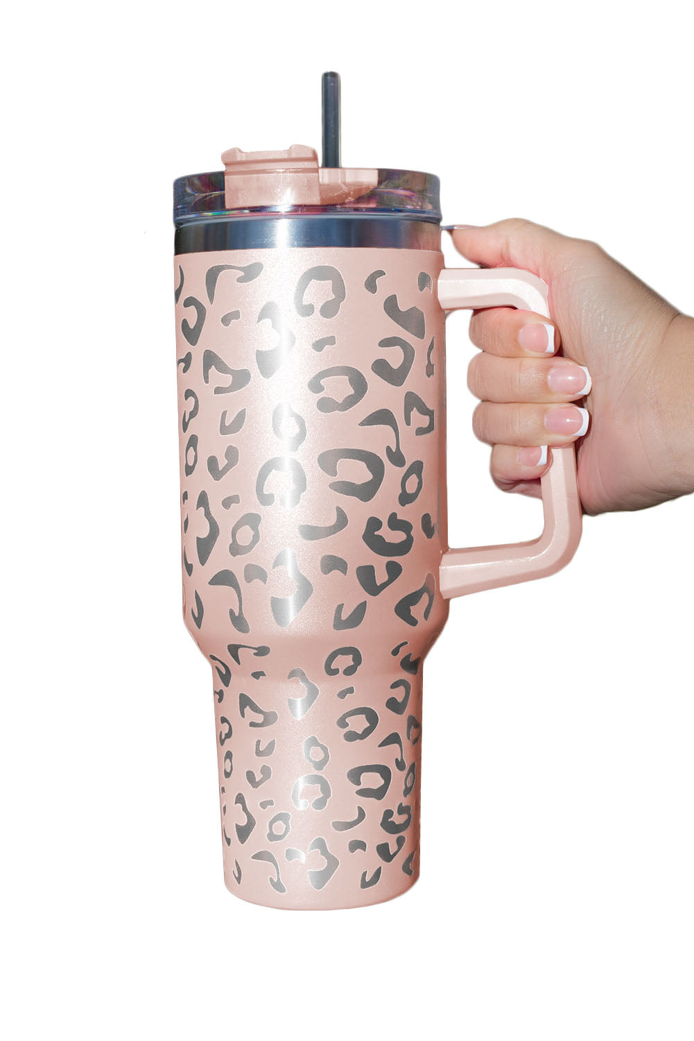 Pink 304 Leopard Spotted Stainless Double Insulated Tumbler Mug With Handle