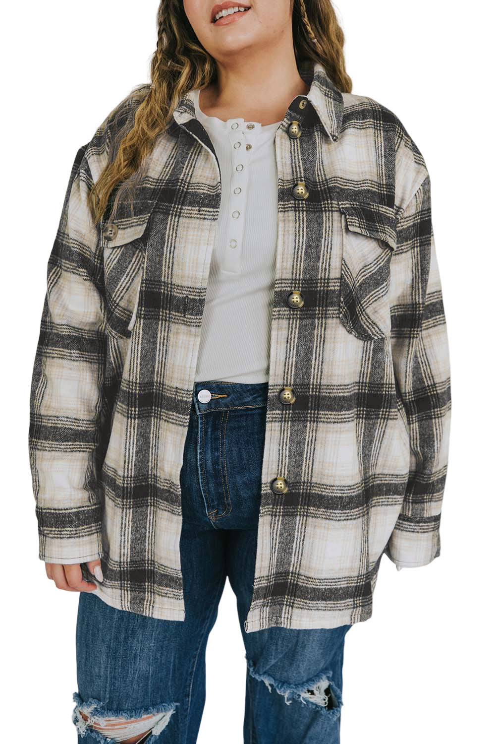 Black Plus Size Brushed Plaid Flap Pocket Shacket