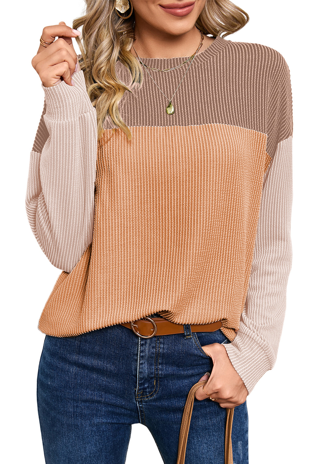 Black Color Block Corduroy Long Sleeve Top