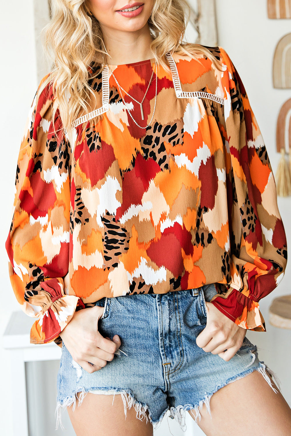 Multicolor Abstract Print Boho Ruffle Long Sleeve Blouse