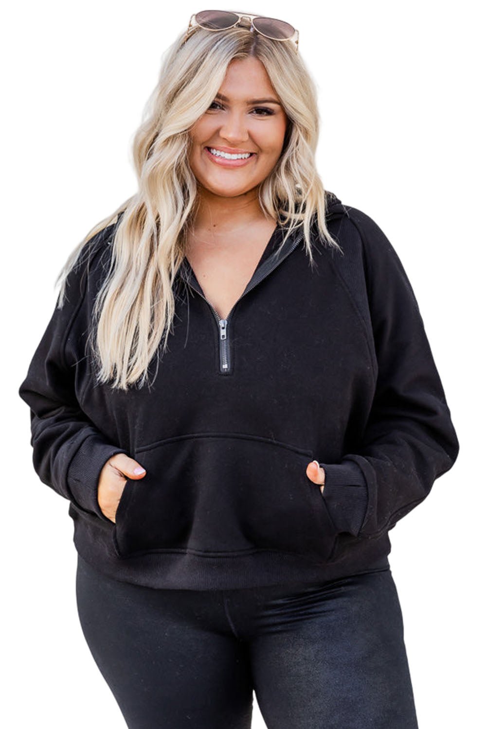 Black Half Zipper Kangaroo Pocket Plus Size Hoodie