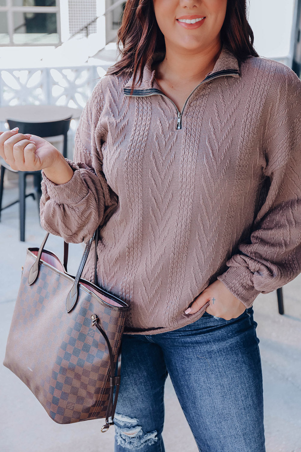 Brown Plus Size Textured Knit Zip Neck Pullover Top