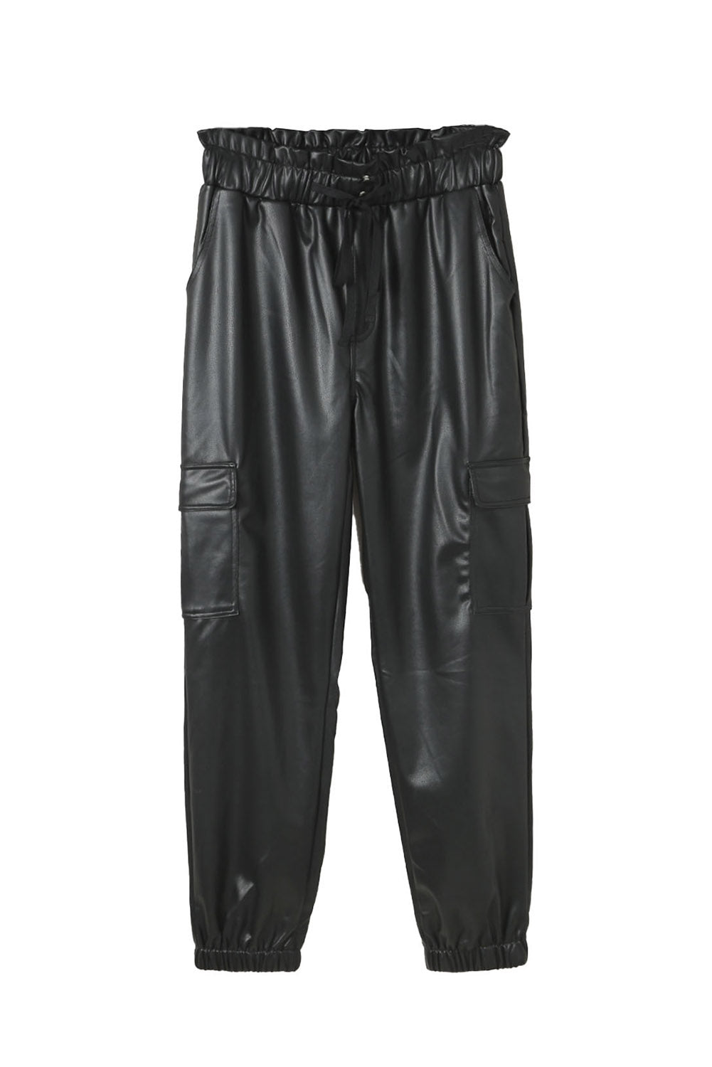 Black Faux Leather Pants High Waisted Cargo Joggers for Women