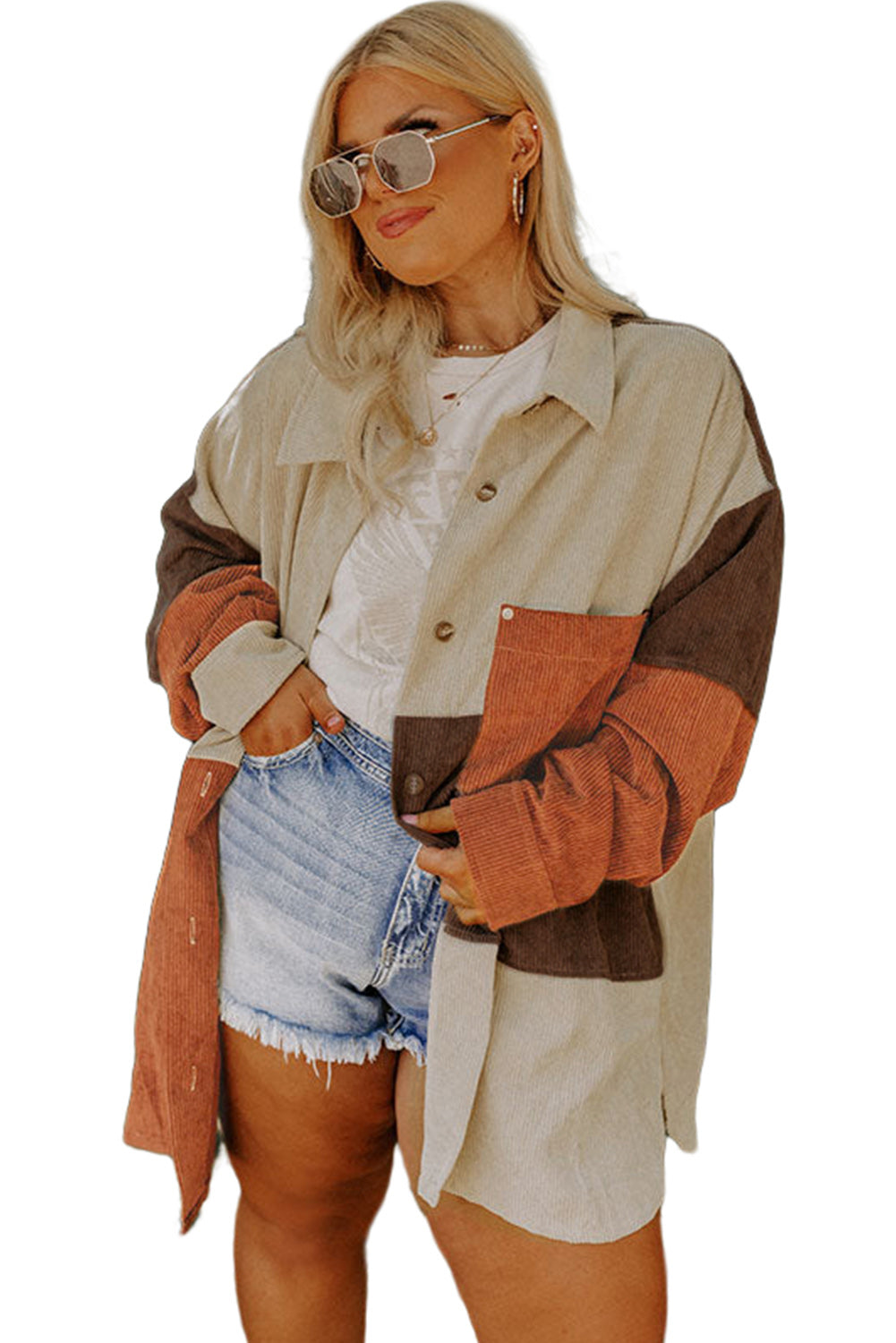 Brown Colorblock Pocket Plus Size Corduroy Jacket