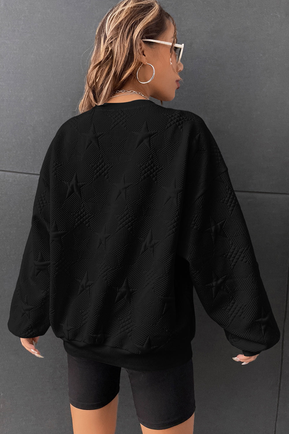 White Star Embossed Textured Drop Shoulder Sweatshirt