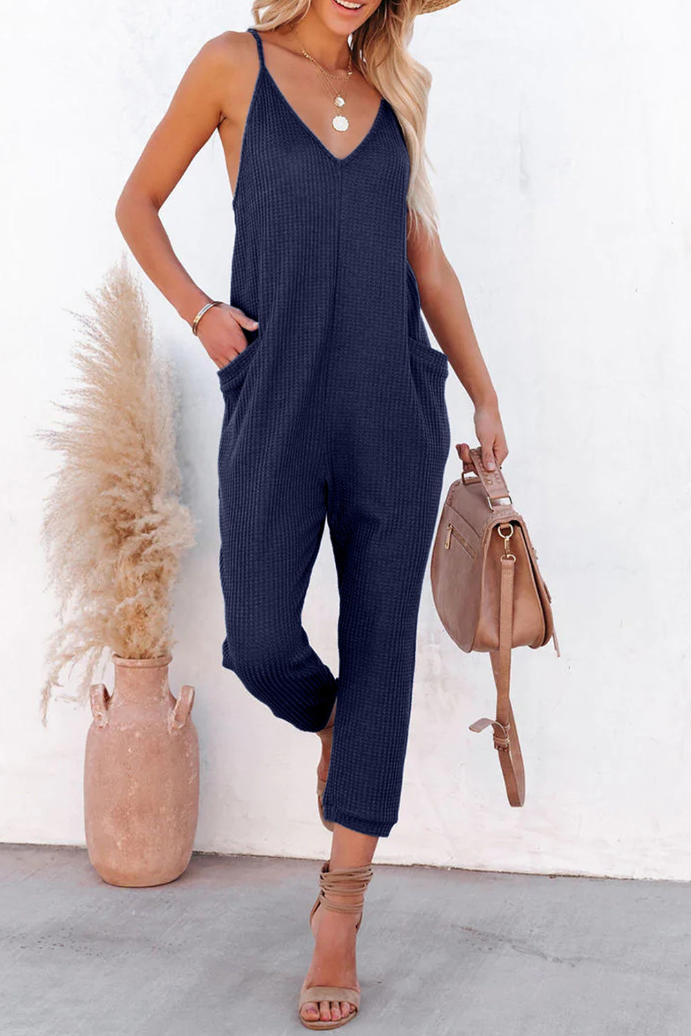 Gray Casual Textured Sleeveless V-Neck Pocketed Jumpsuit