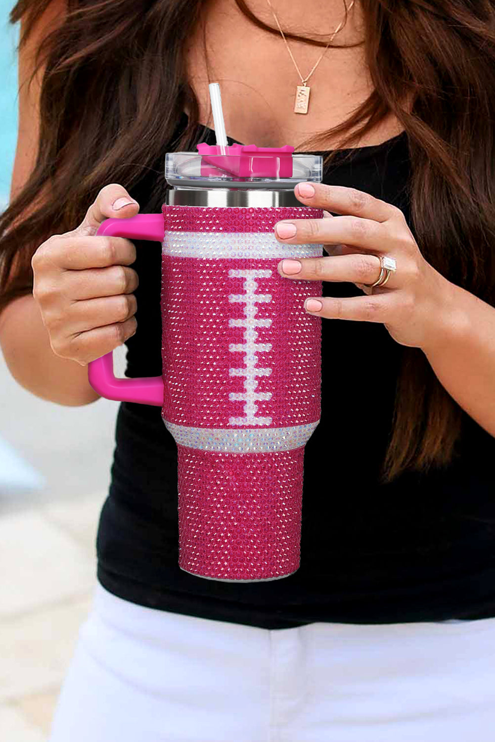 Chestnut 304 Rhinestone Rugby Stainless Steel Tumbler