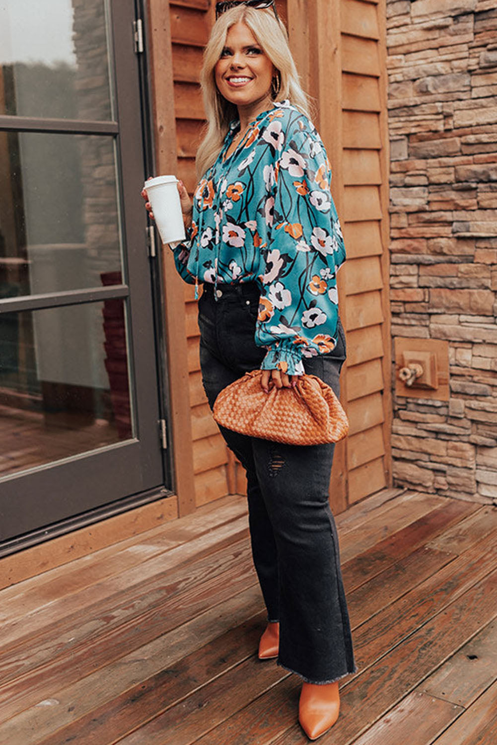 Sky Blue Floral Print V Neck Plus Size Blouse