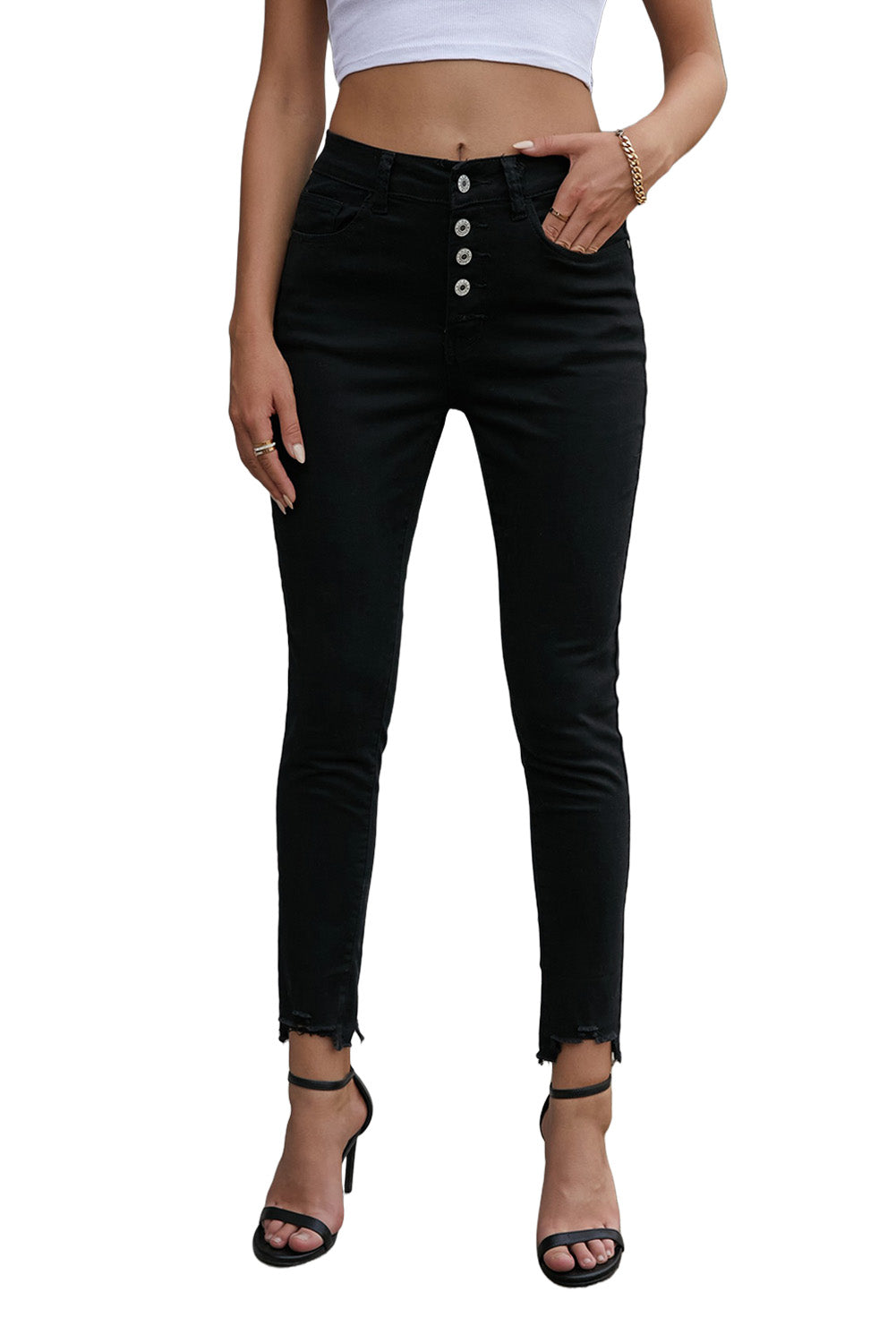 Black Buttons Frayed Cropped High Waisted Jeans