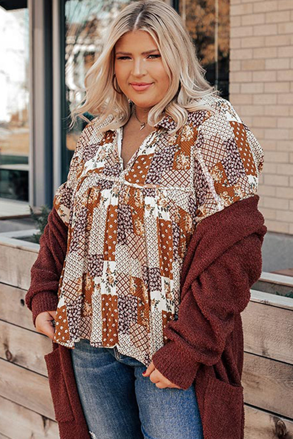 Apricot Mixed Print Turn-down Neck Plus Size Shirt