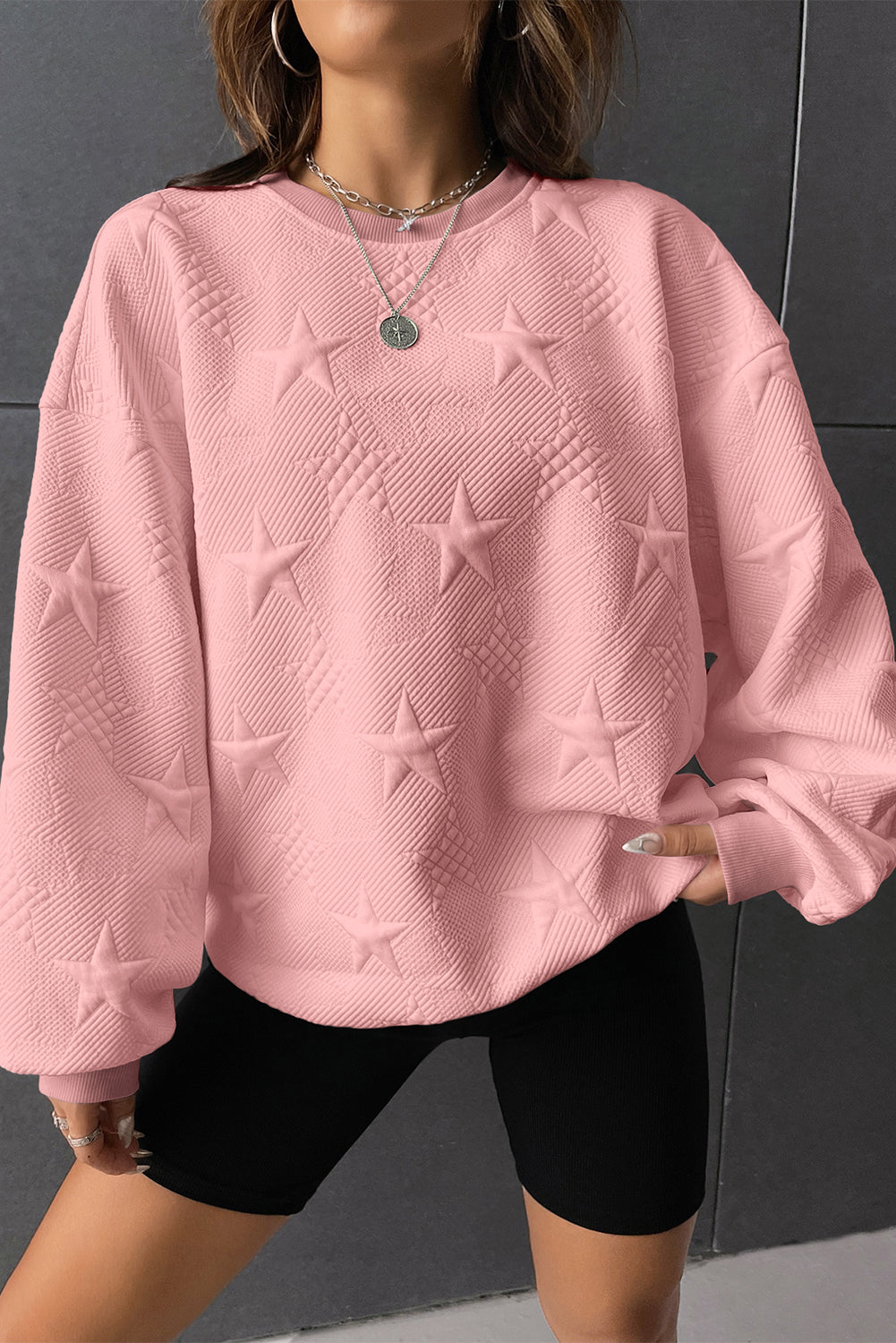 White Star Embossed Textured Drop Shoulder Sweatshirt