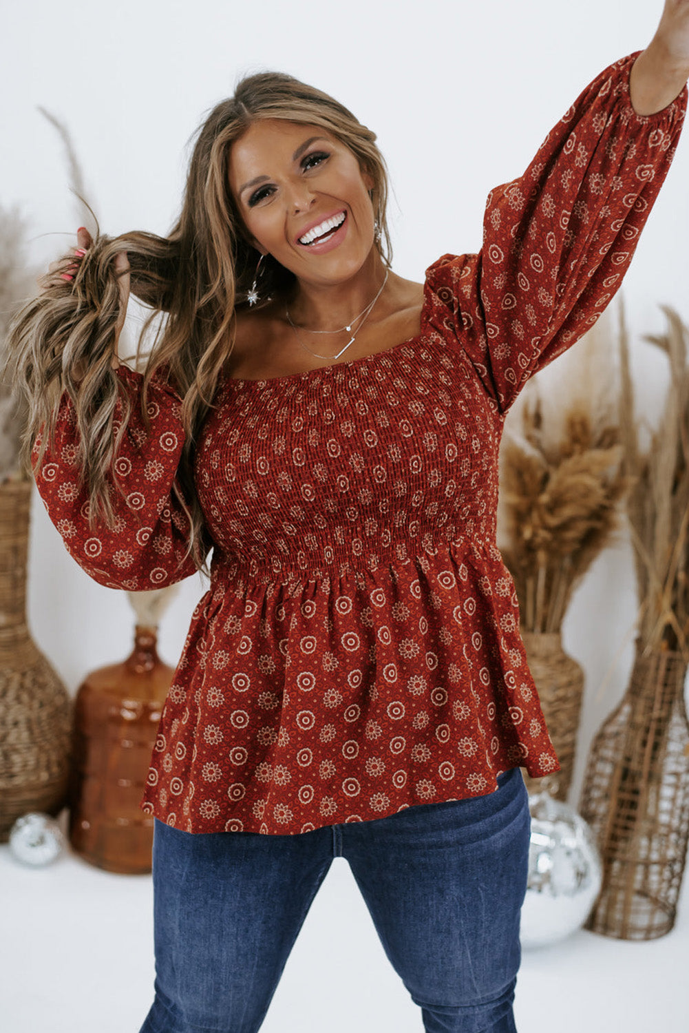 Red Plus Size Shirred Square Neck Printed Peplum Top