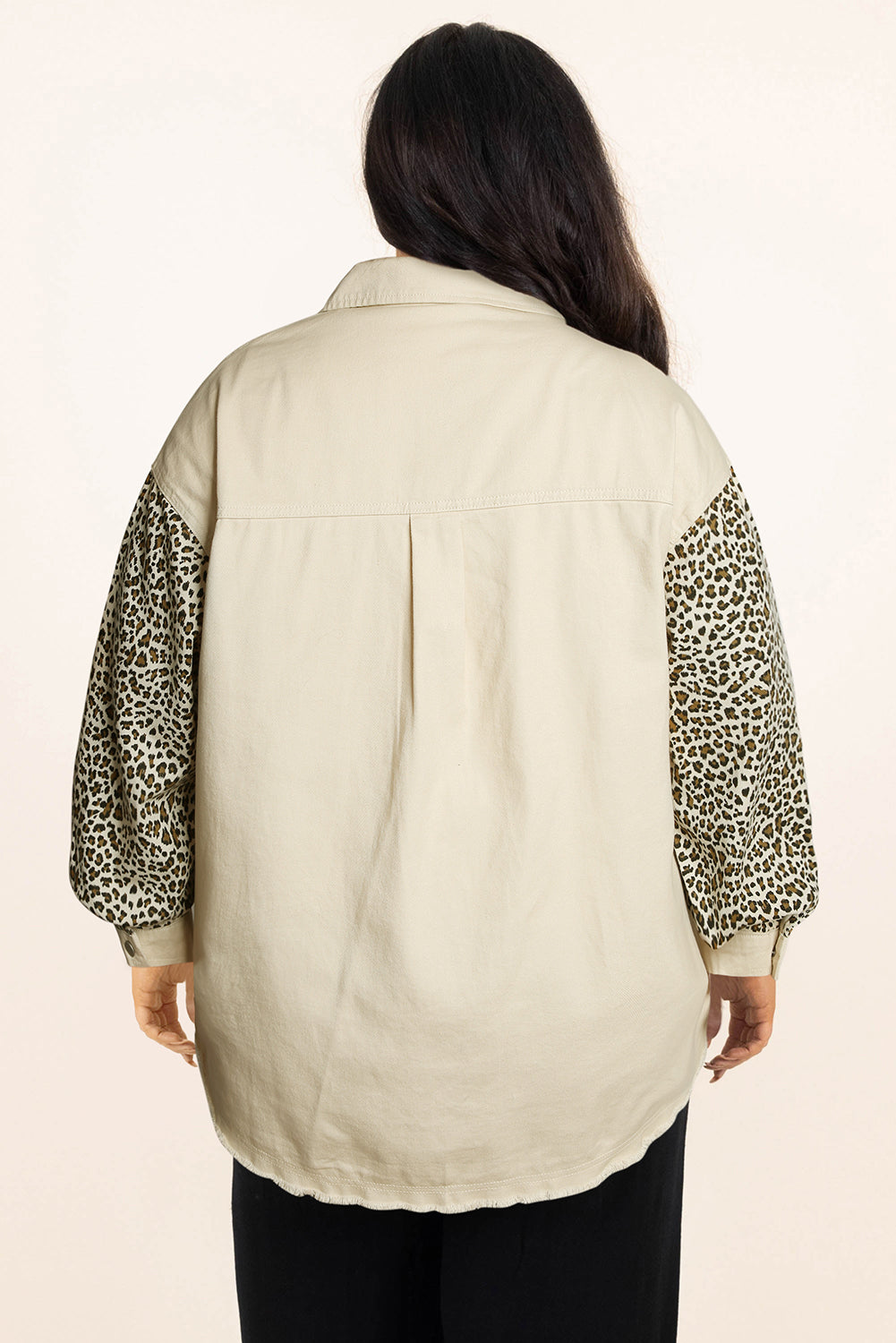 Apricot Plus Size Leopard Sleeve Raw Hem Denim Jacket