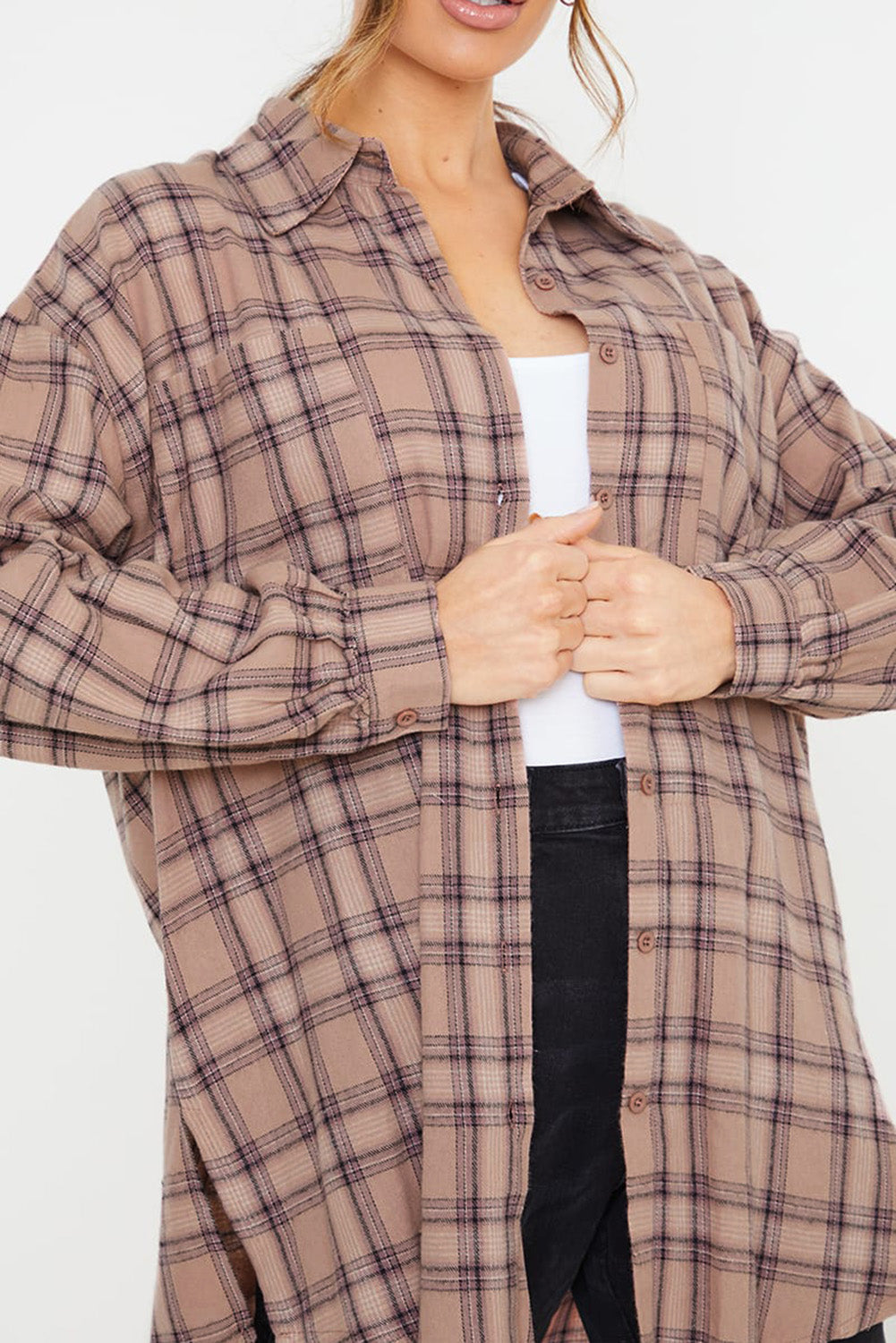 Pink Plus Size Plaid Print Buttoned Oversized Tunic Shirt