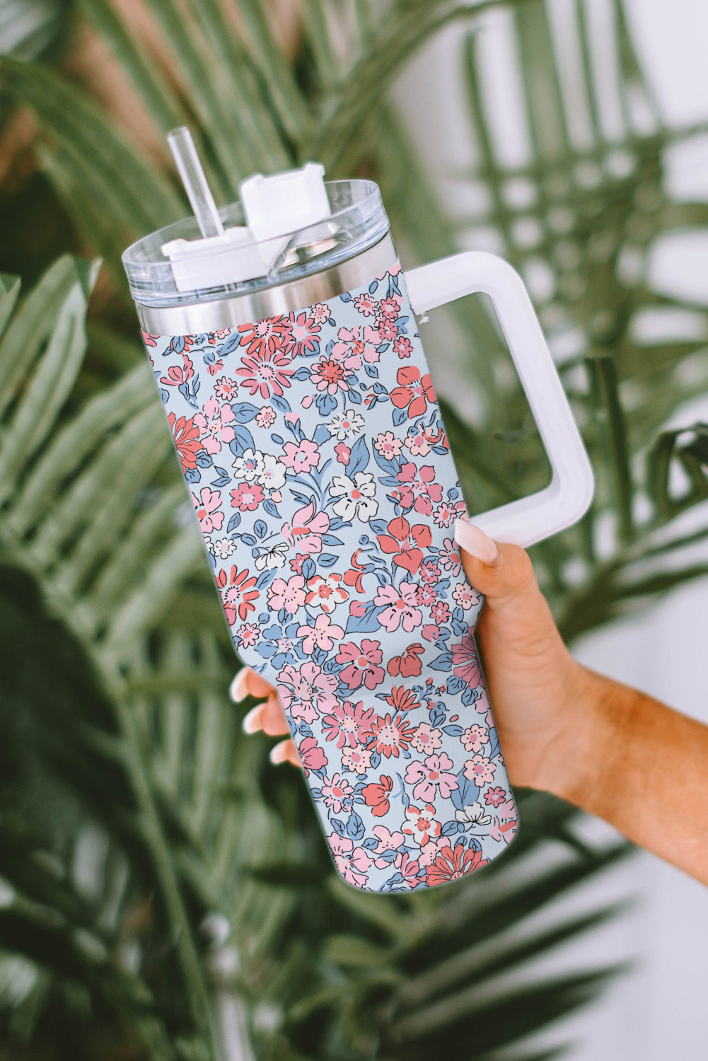 Multicolour Floral Print Handled Stainless Tumbler with Straw