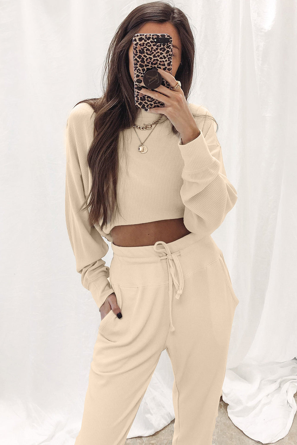 Apricot Ribbed Long Sleeve Top and Drawstring Pants Two Piece Set