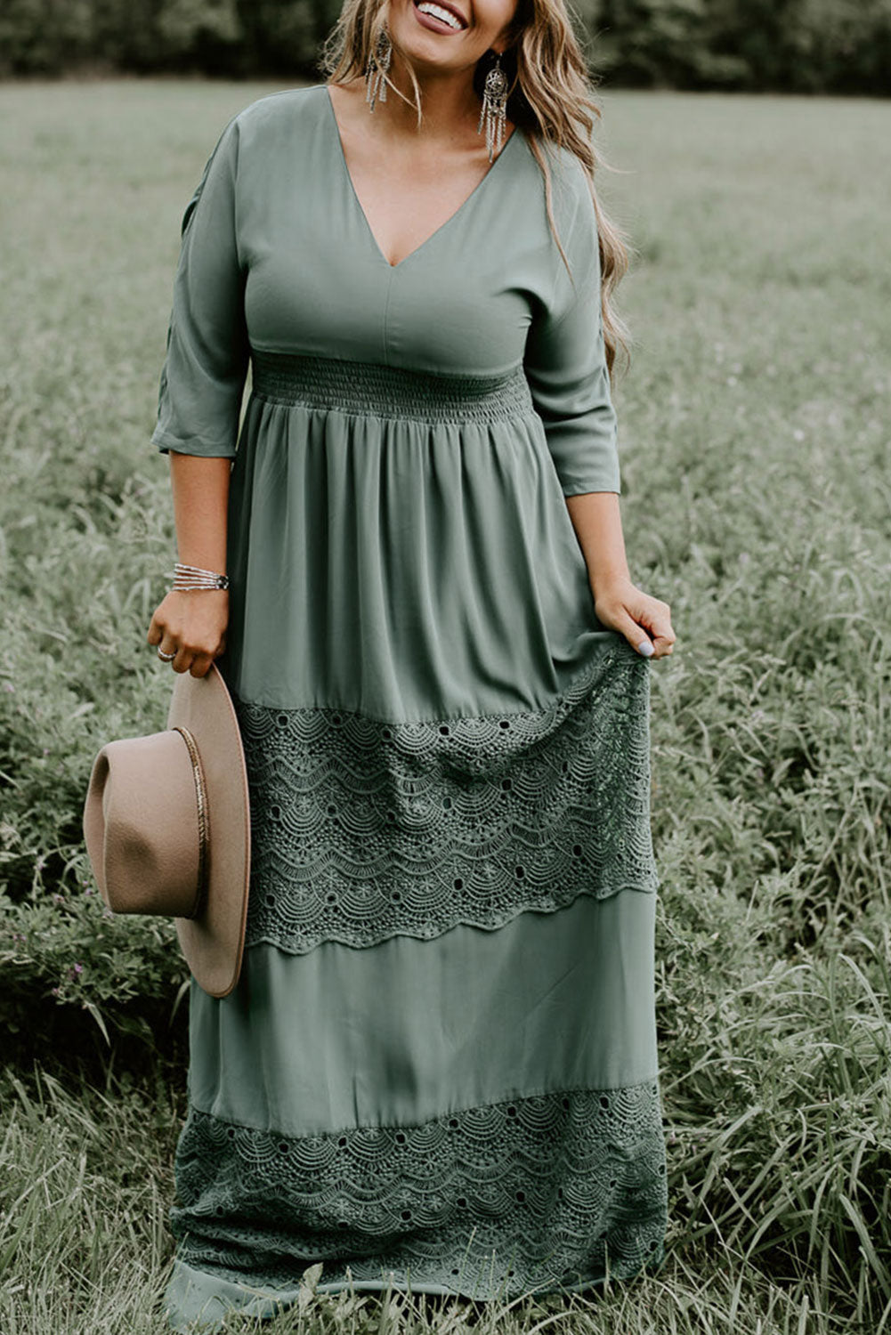 Mist Green Plus Size 3/4 Sleeve Smocked Lace Decor Maxi Dress