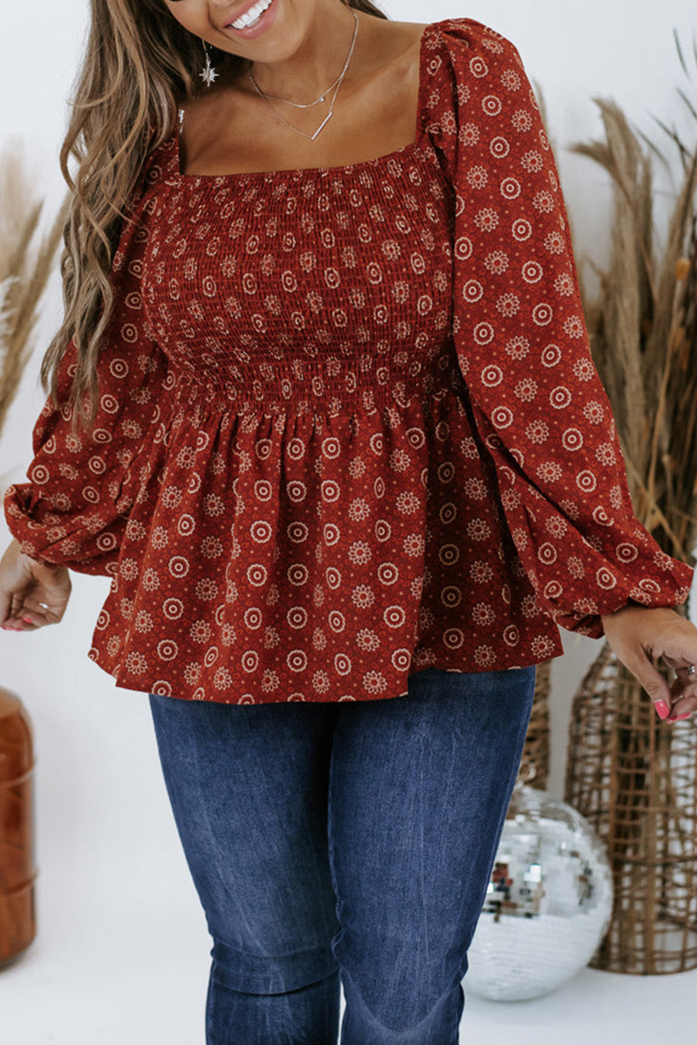 Red Plus Size Shirred Square Neck Printed Peplum Top