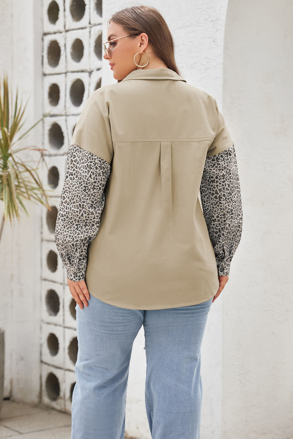 Khaki Plus Size Leopard Patchwork Shacket