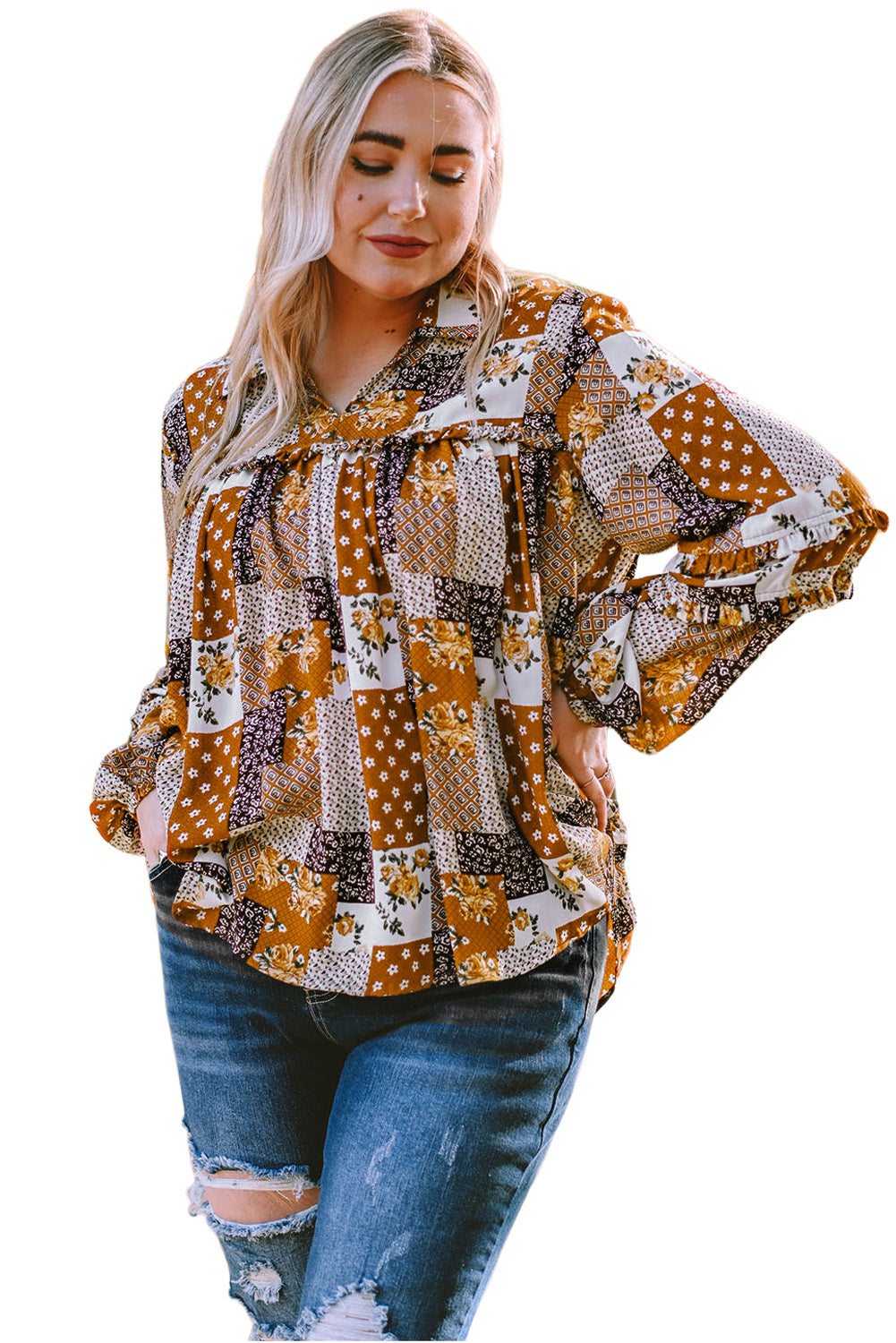 Apricot Mixed Print Turn-down Neck Plus Size Shirt