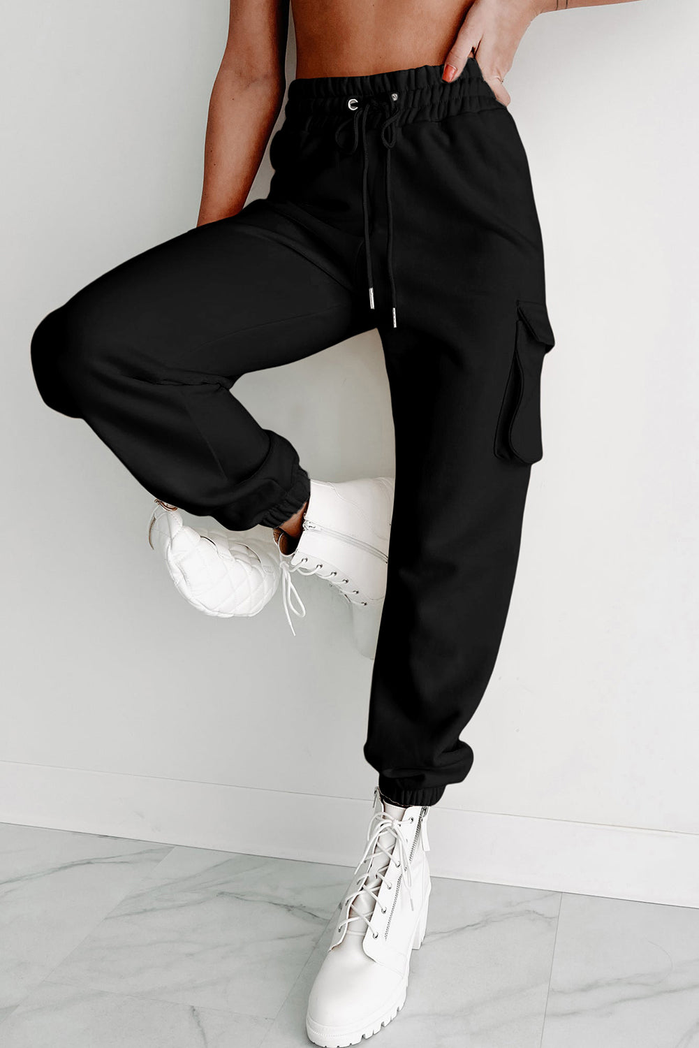 Black Drawstring Jogger Pants with Cargo Pockets