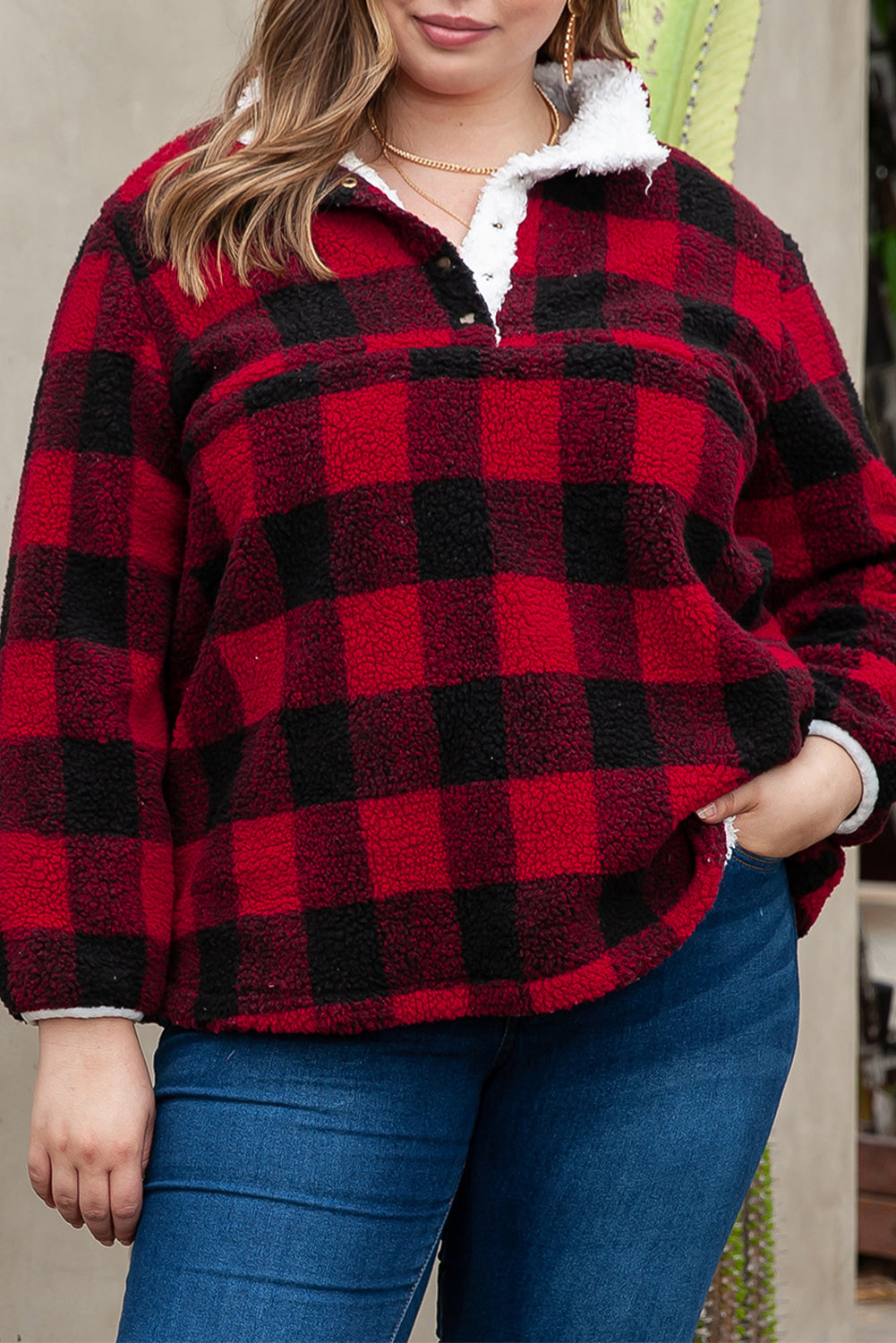 Red Plus Size Buffalo Plaid Sherpa Henley Sweatshirt