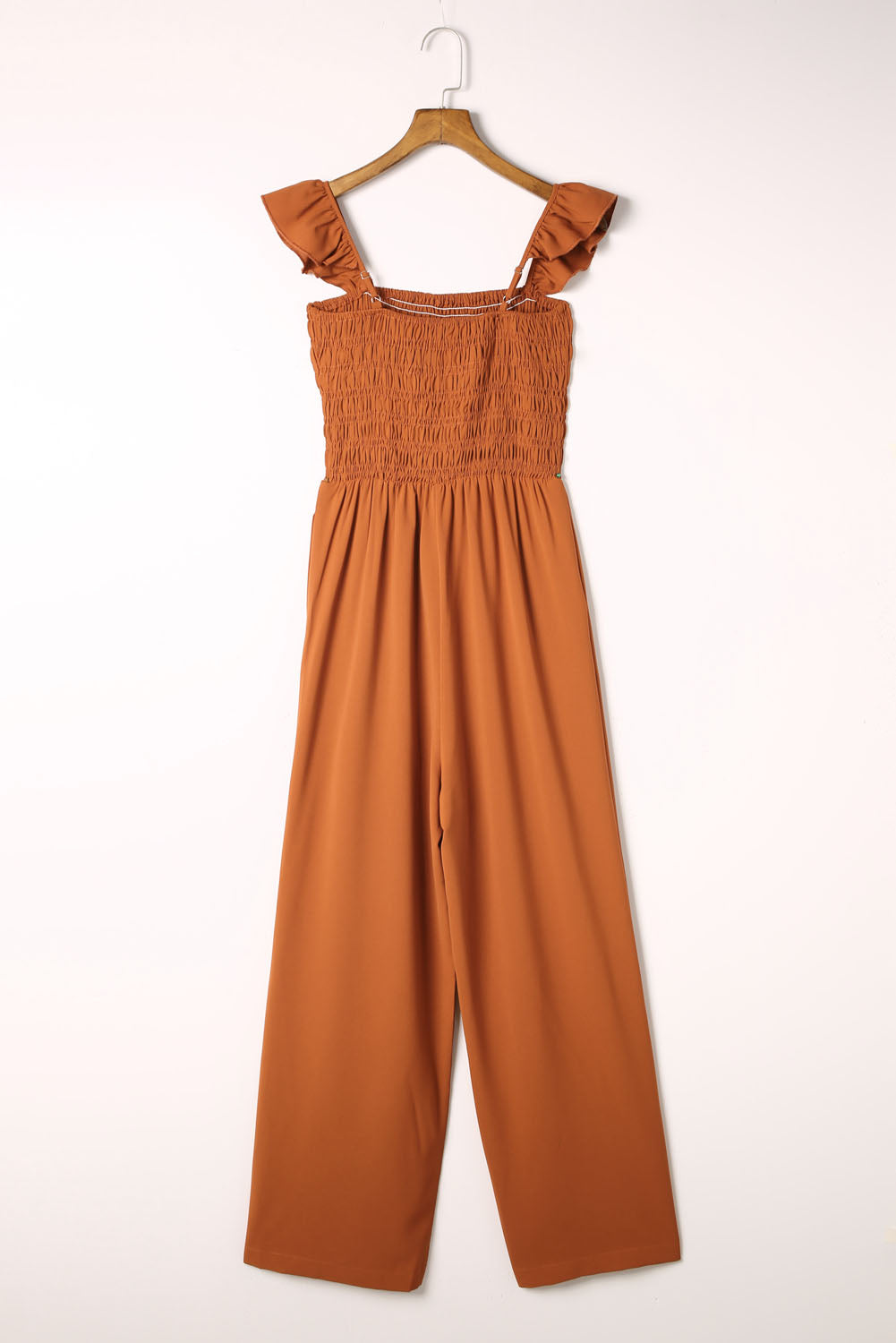 Apricot Smocked Ruffle Strap Pocket Wide Leg Jumpsuit