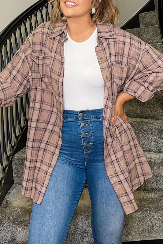 Pink Plus Size Plaid Print Buttoned Oversized Tunic Shirt