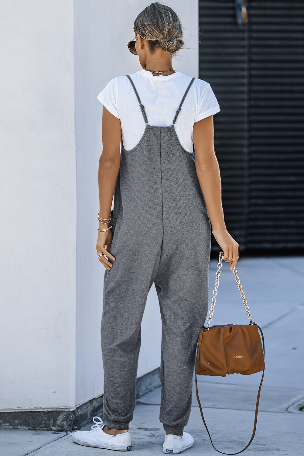 Gray Casual Textured Sleeveless V-Neck Pocketed Jumpsuit