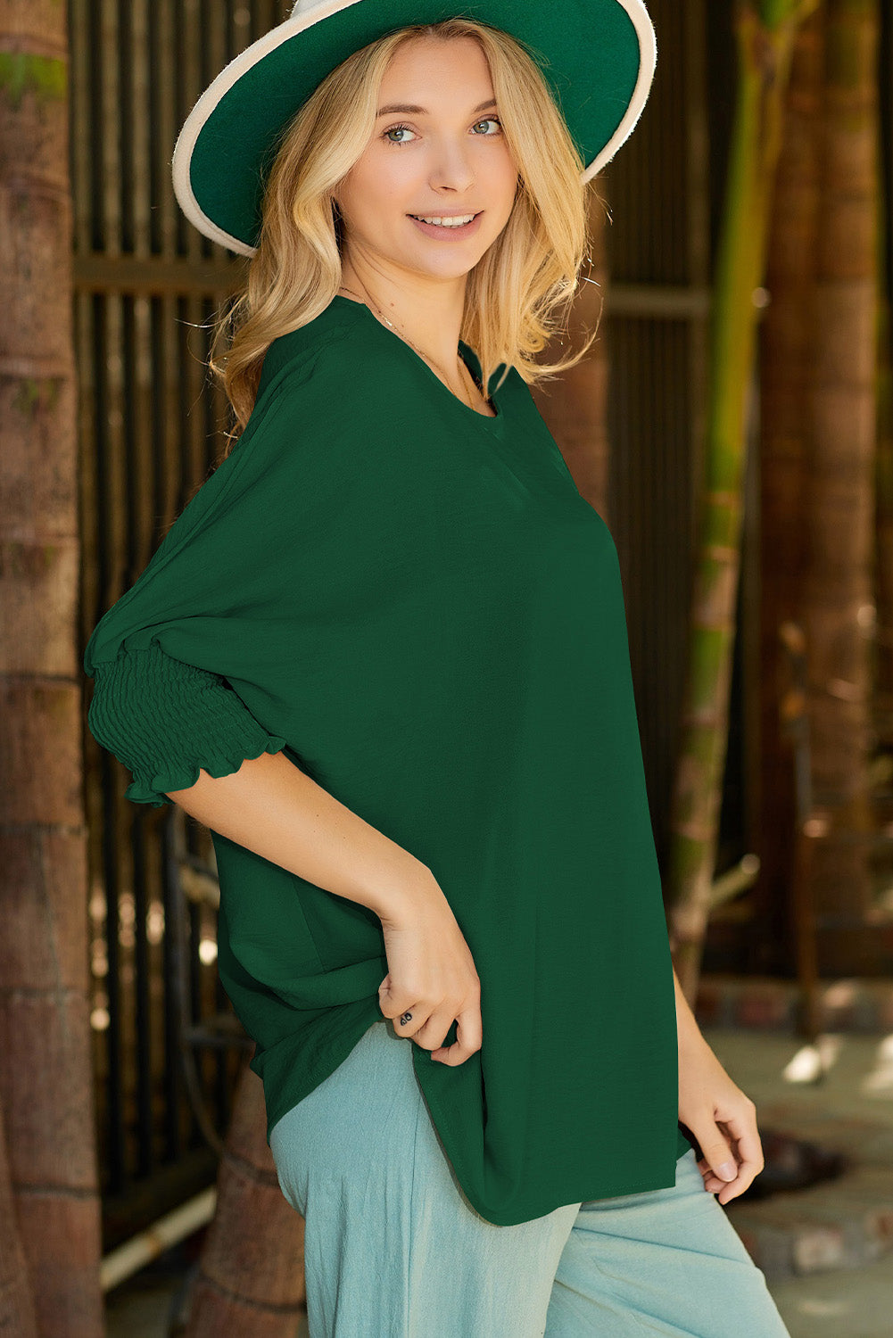 Green Casual Shirred Cuffs Half Sleeve Top