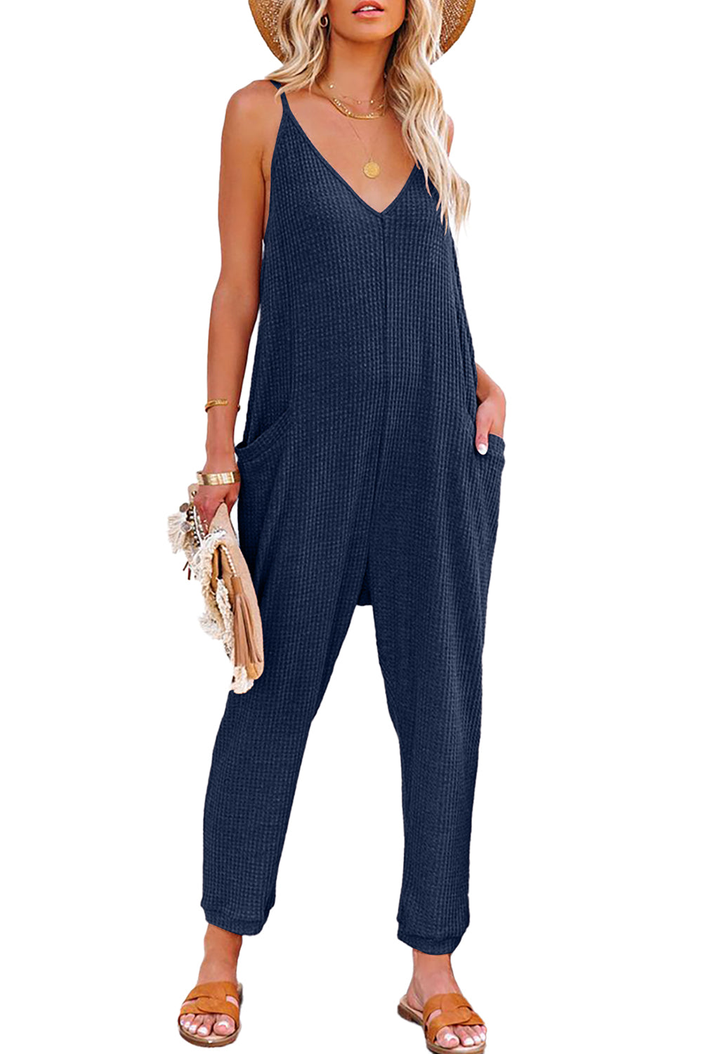 Gray Casual Textured Sleeveless V-Neck Pocketed Jumpsuit