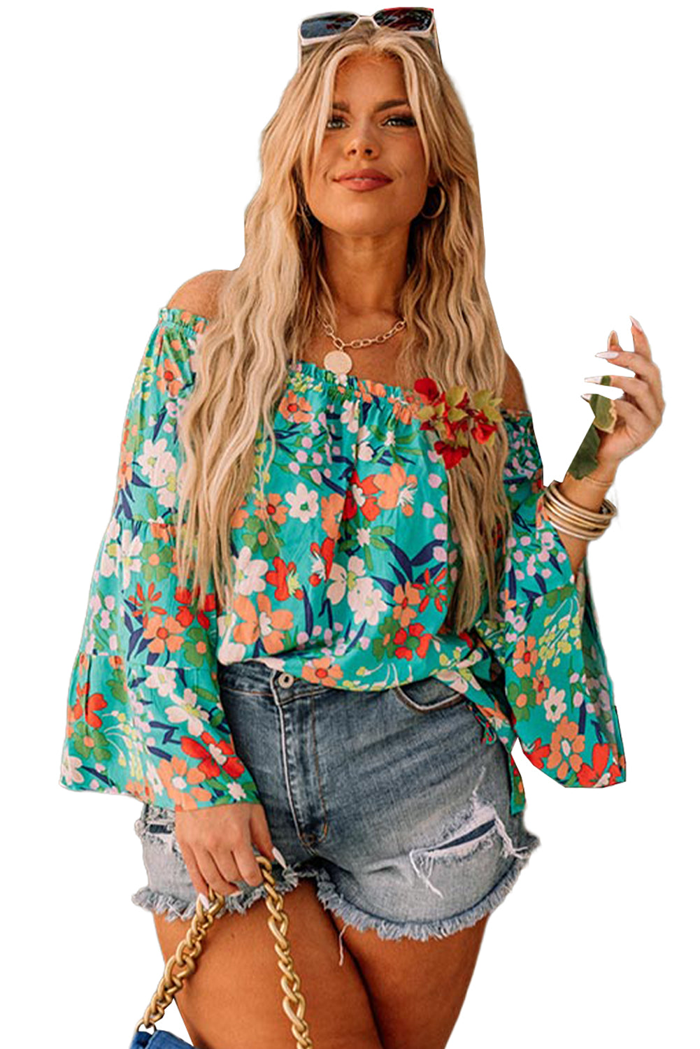 Green Floral Print Frilled Off Shoulder Plus Size Blouse