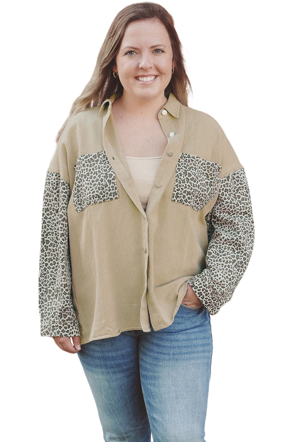 Khaki Plus Size Leopard Patchwork Shacket