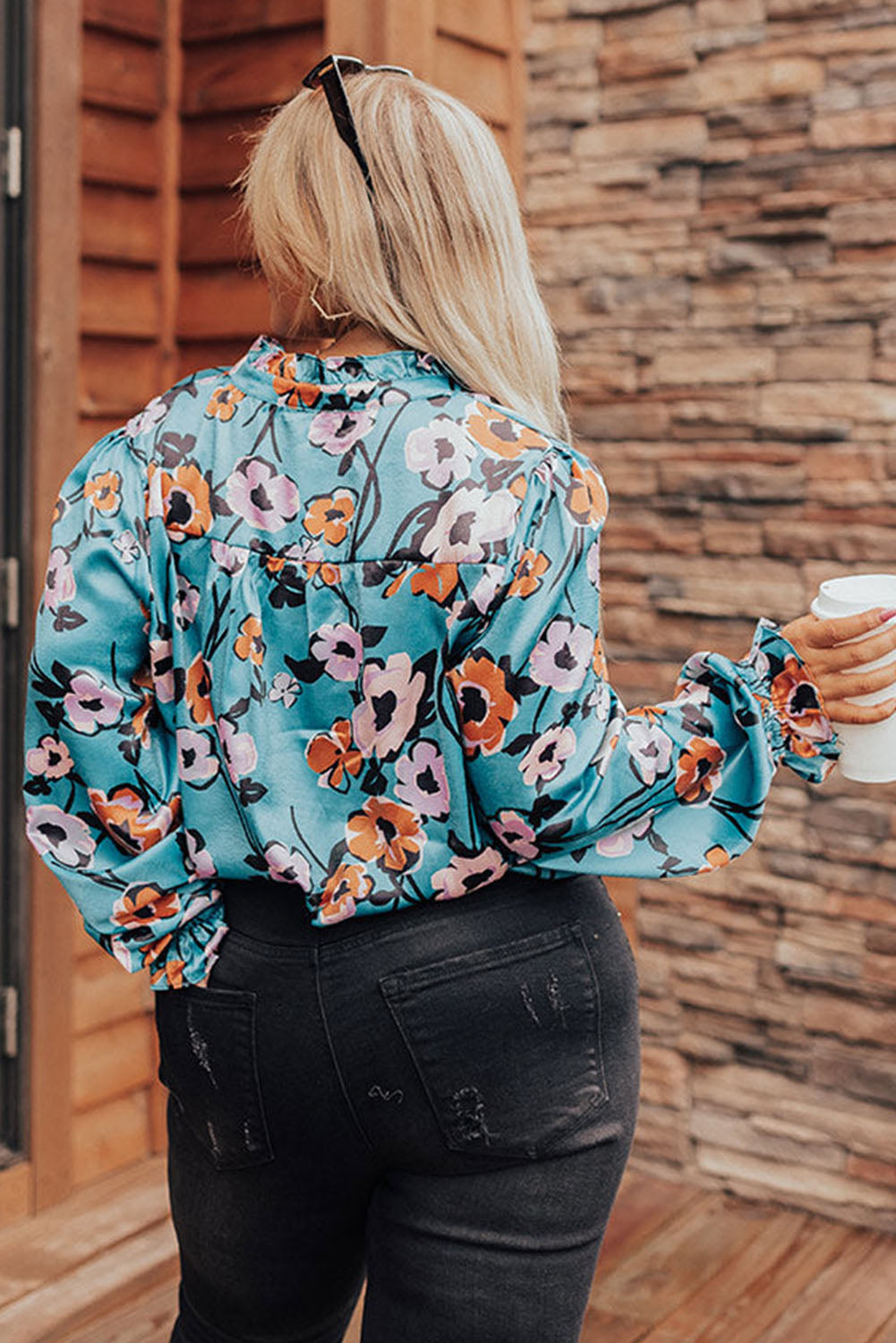 Sky Blue Floral Print V Neck Plus Size Blouse